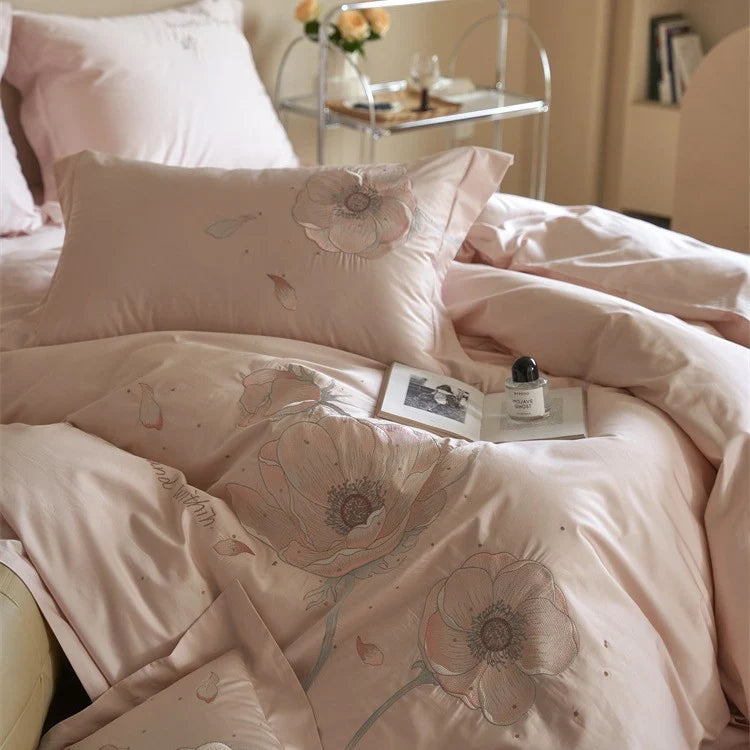 Satin Bedding Set Floral Relief Embroidery & Breathable