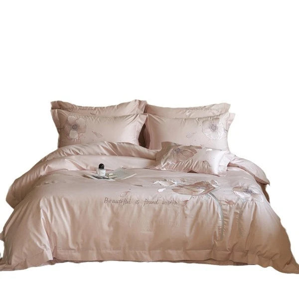 Satin Bedding Set Floral Relief Embroidery & Breathable