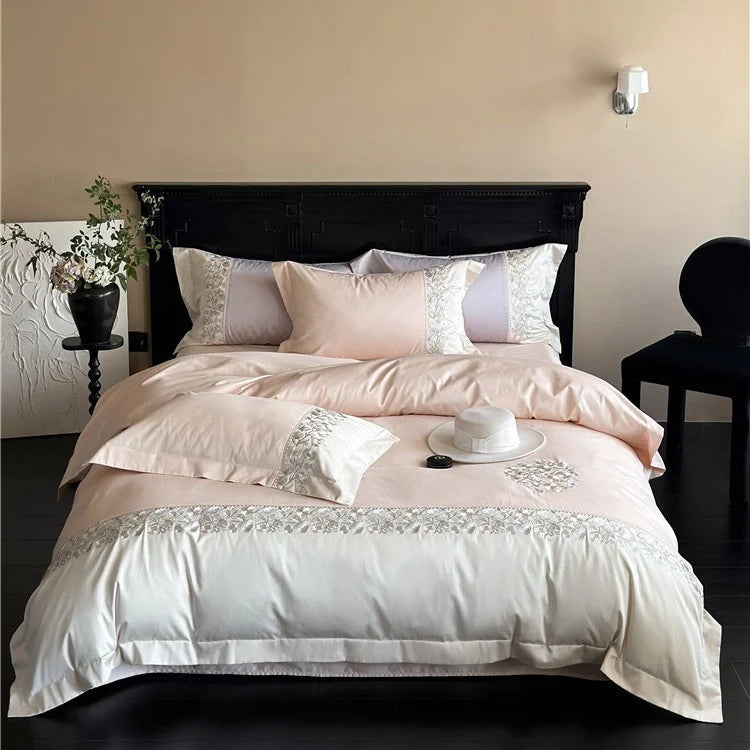Satin Bedding Set Floral Relief Embroidery & Breathable