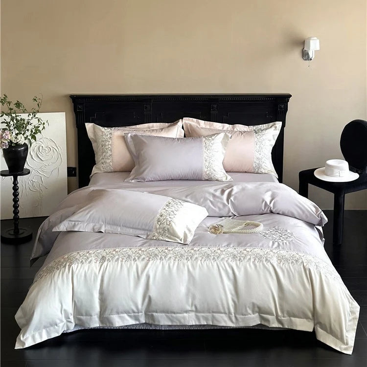 Satin Bedding Set Floral Relief Embroidery & Breathable