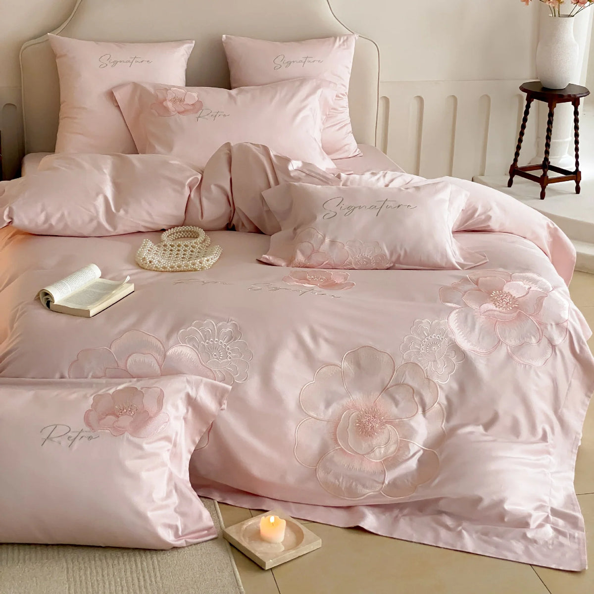 Satin Bedding Set Floral Relief Embroidery & Breathable