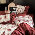 Satin Bedding Set Floral Ruffle Pillowcases & Bed Skirt