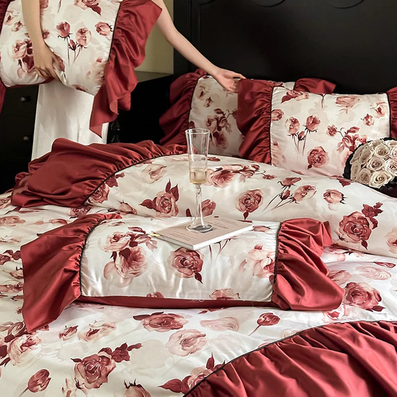 Satin Bedding Set Floral Ruffle Pillowcases & Bed Skirt