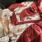 Satin Bedding Set Floral Ruffle Pillowcases & Bed Skirt