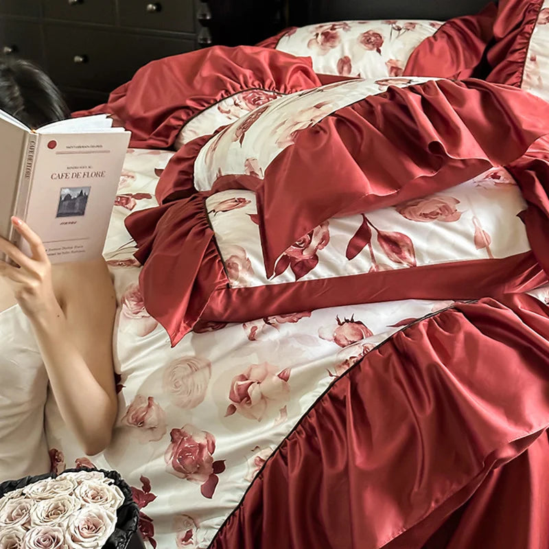 Satin Bedding Set Floral Ruffle Pillowcases & Bed Skirt