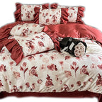 Satin Bedding Set Floral Ruffle Pillowcases & Bed Skirt
