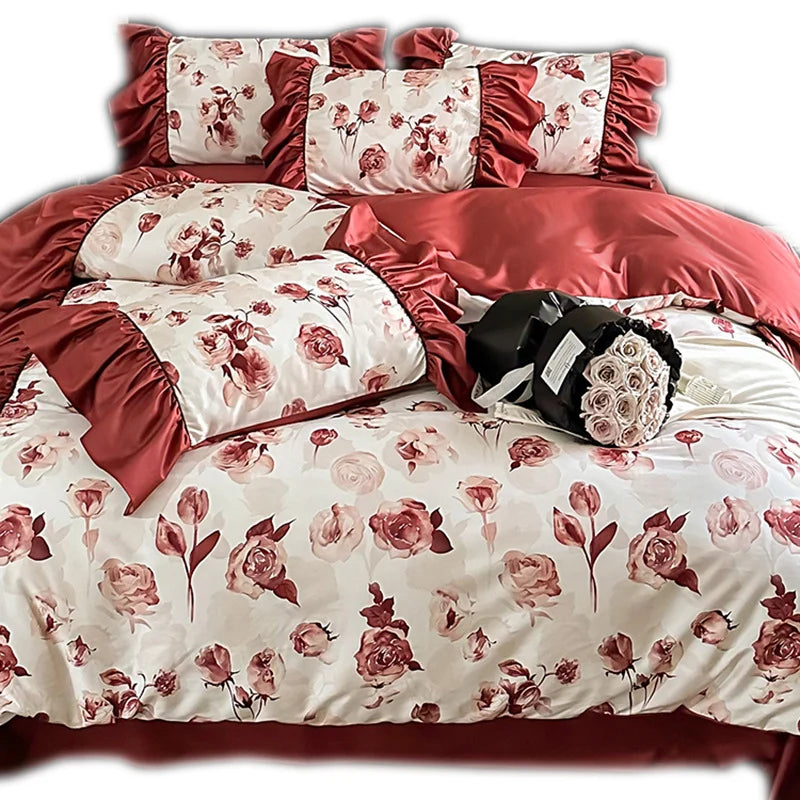 Satin Bedding Set Floral Ruffle Pillowcases & Bed Skirt