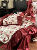 Satin Bedding Set Floral Ruffle Pillowcases & Bed Skirt