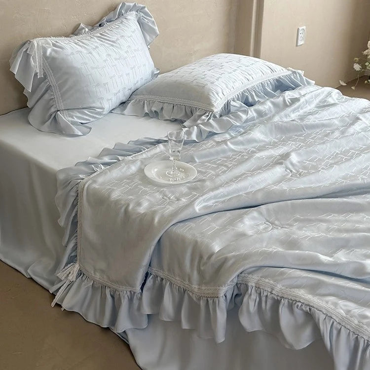 Satin Bedding Set Jacquard Bow Ruffle & Lace