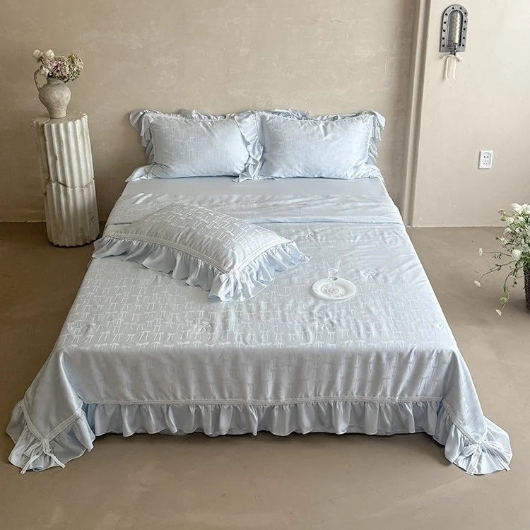 Satin Bedding Set Jacquard Bow Ruffle & Lace