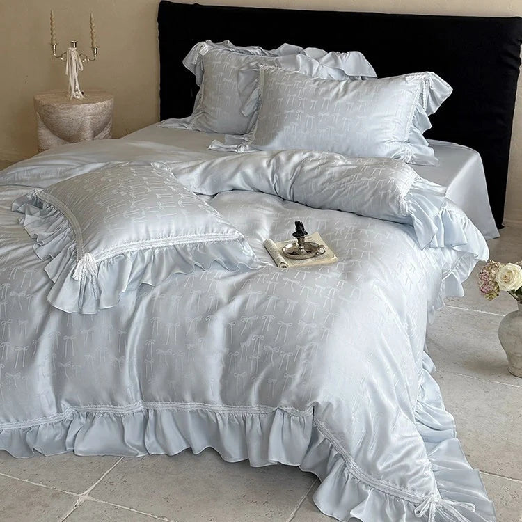 Satin Bedding Set Jacquard Bow Ruffle & Lace