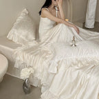 Satin Bedding Set Jacquard Bow Ruffle & Lace