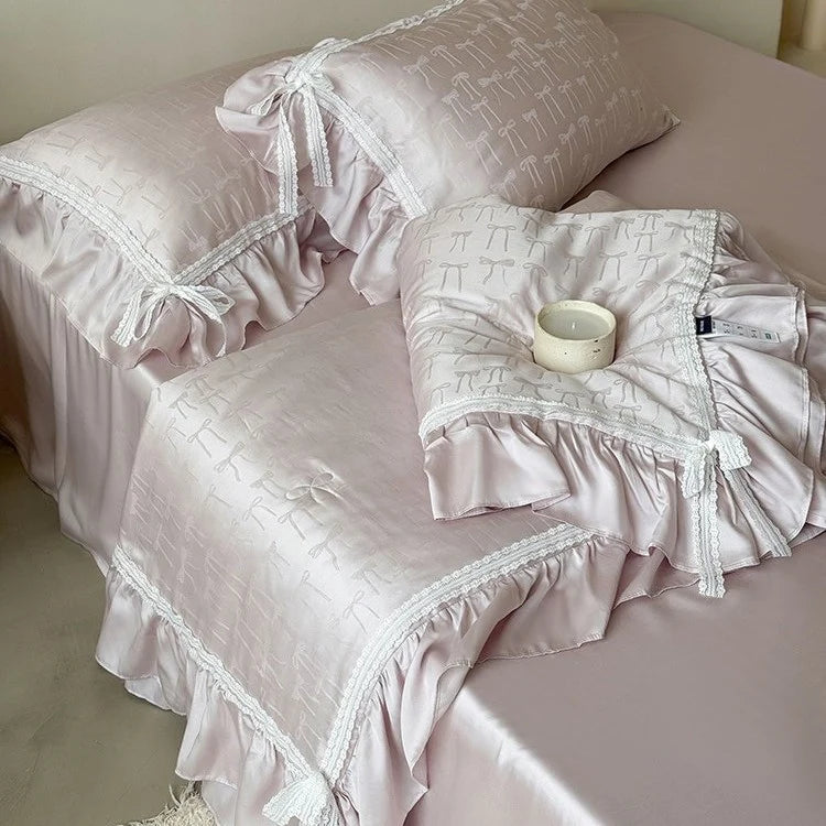 Satin Bedding Set Jacquard Bow Ruffle & Lace