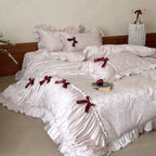 Satin Bedding Set Jacquard Butterfly Pattern Ruffled Edges