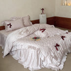 Satin Bedding Set Jacquard Butterfly Pattern Ruffled Edges