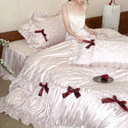 Satin Bedding Set Jacquard Butterfly Pattern Ruffled Edges