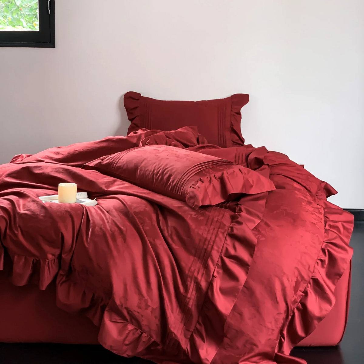 Satin Bedding Set Jacquard Texture & Ruffle Trim