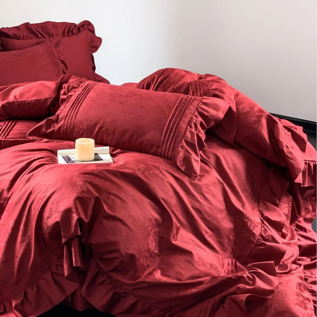 Satin Bedding Set Jacquard Texture & Ruffle Trim