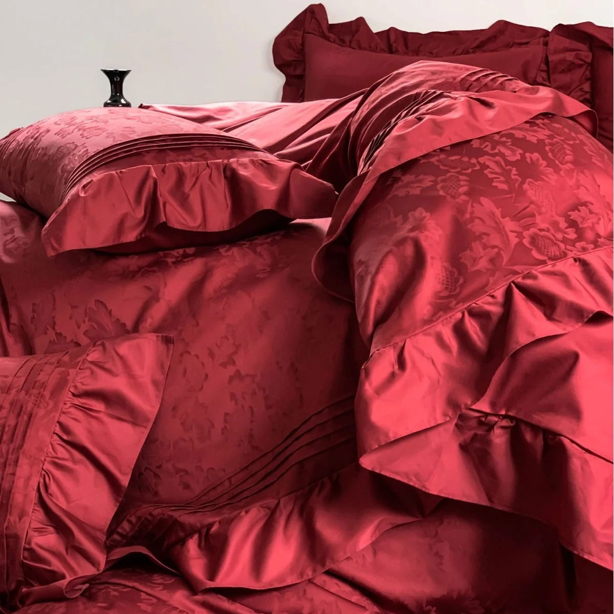 Satin Bedding Set Jacquard Texture & Ruffle Trim