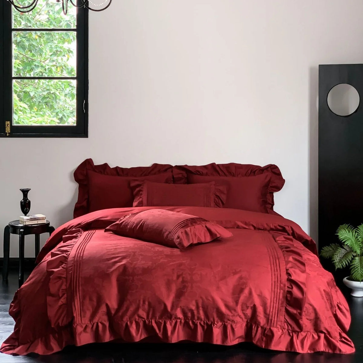 Satin Bedding Set Jacquard Texture & Ruffle Trim