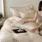 Satin Bedding Set Pleated Frill & Embroidery 4-Piece