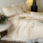 Satin Bedding Set Pleated Frill & Embroidery 4-Piece