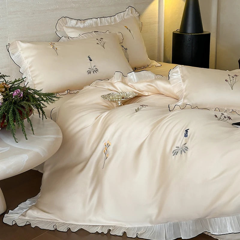 Satin Bedding Set Pleated Frill & Embroidery 4-Piece