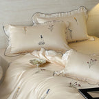 Satin Bedding Set Pleated Frill & Embroidery 4-Piece
