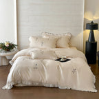 Satin Bedding Set Pleated Frill & Embroidery 4-Piece