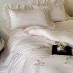 Satin Bedding Set Pleated Frill & Embroidery 4-Piece