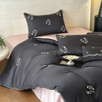 Satin Bedding Set Pleated Frill & Embroidery 4-Piece