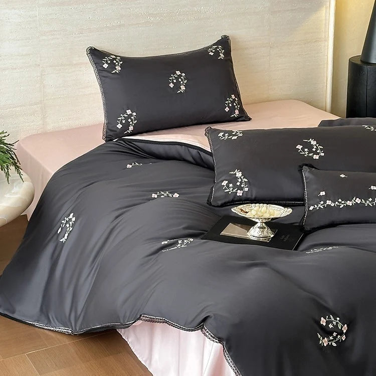 Satin Bedding Set Pleated Frill & Embroidery 4-Piece