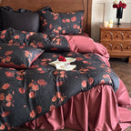 Satin Bedding Set Reversible Rose Print Silky Touch 4-Piece