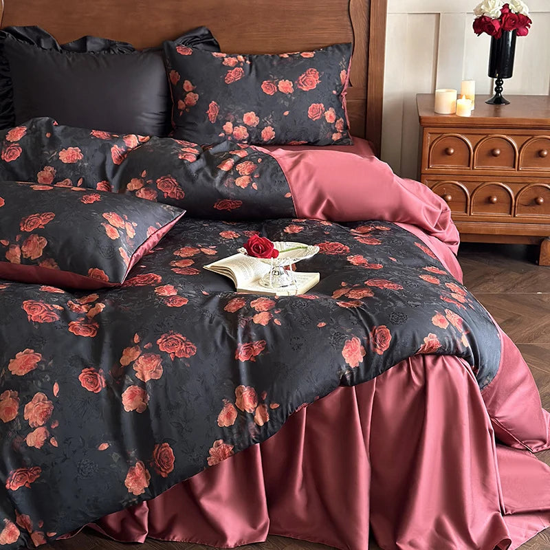 Satin Bedding Set Reversible Rose Print Silky Touch 4-Piece