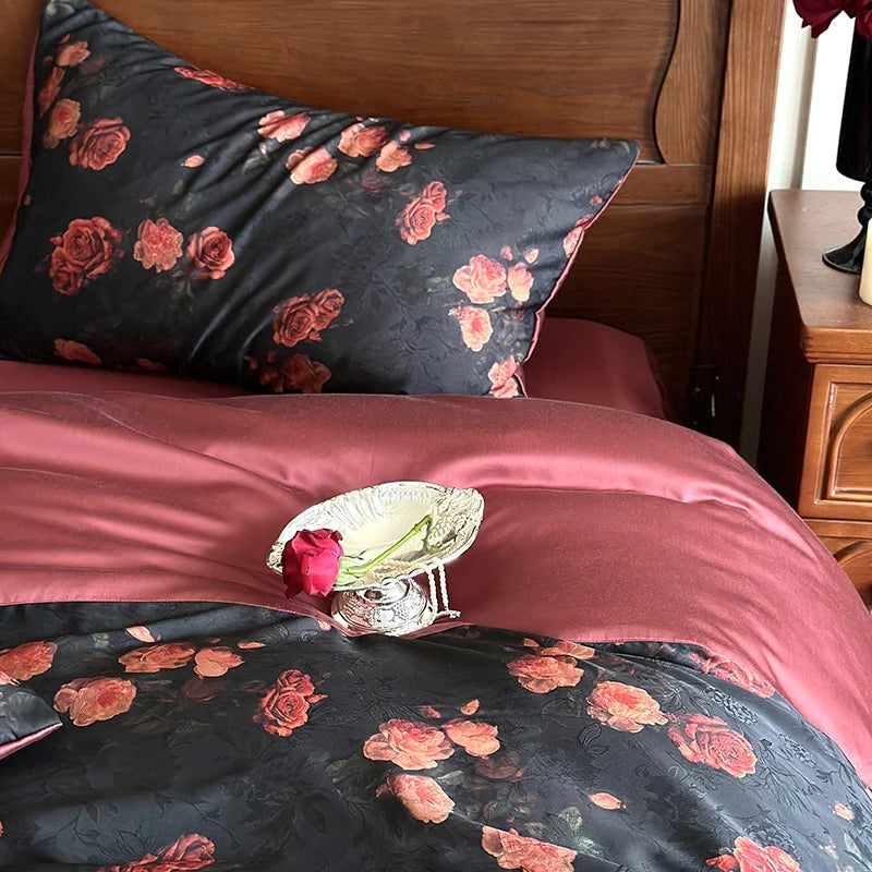 Satin Bedding Set Reversible Rose Print Silky Touch 4-Piece