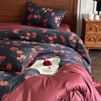 Satin Bedding Set Reversible Rose Print Silky Touch 4-Piece