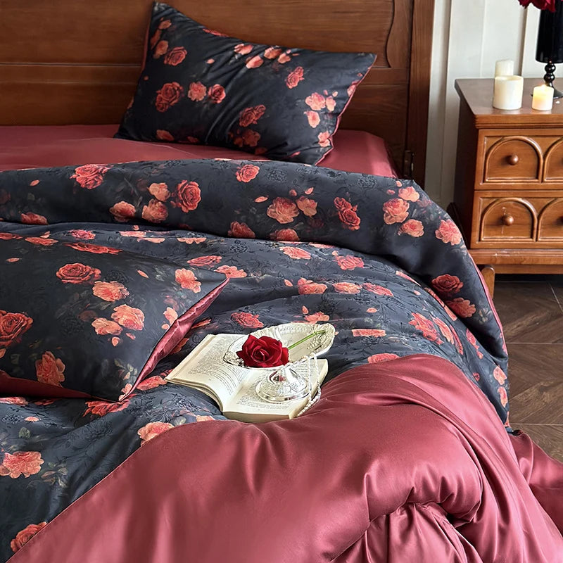 Satin Bedding Set Reversible Rose Print Silky Touch 4-Piece