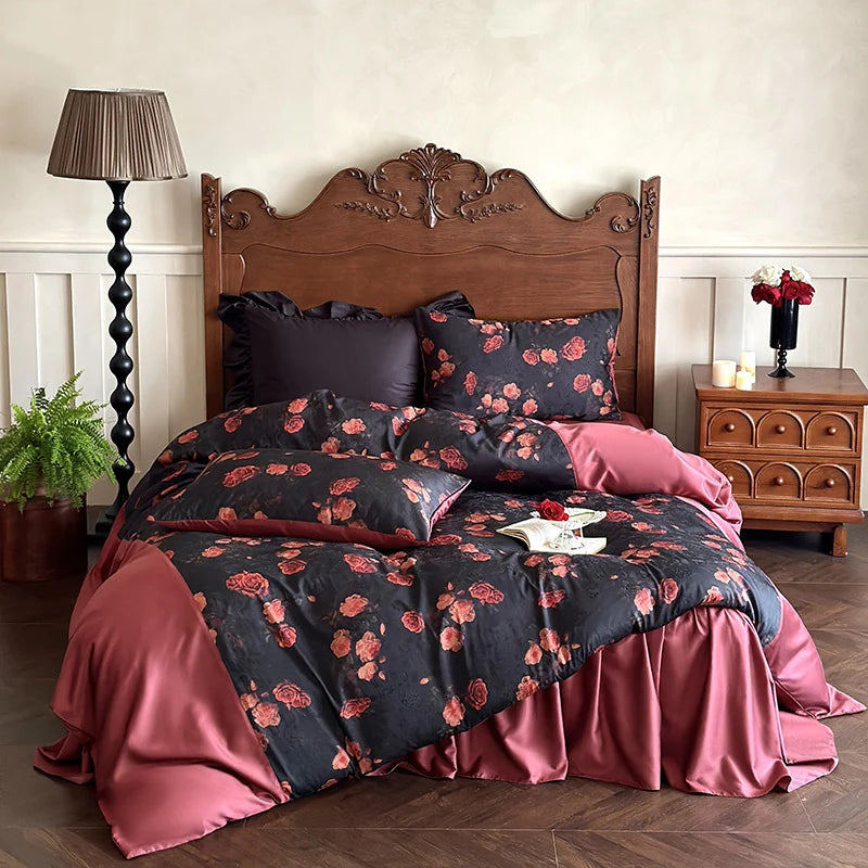 Satin Bedding Set Reversible Rose Print Silky Touch 4-Piece