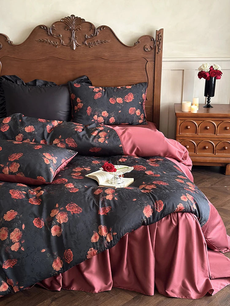 Satin Bedding Set Reversible Rose Print Silky Touch 4-Piece
