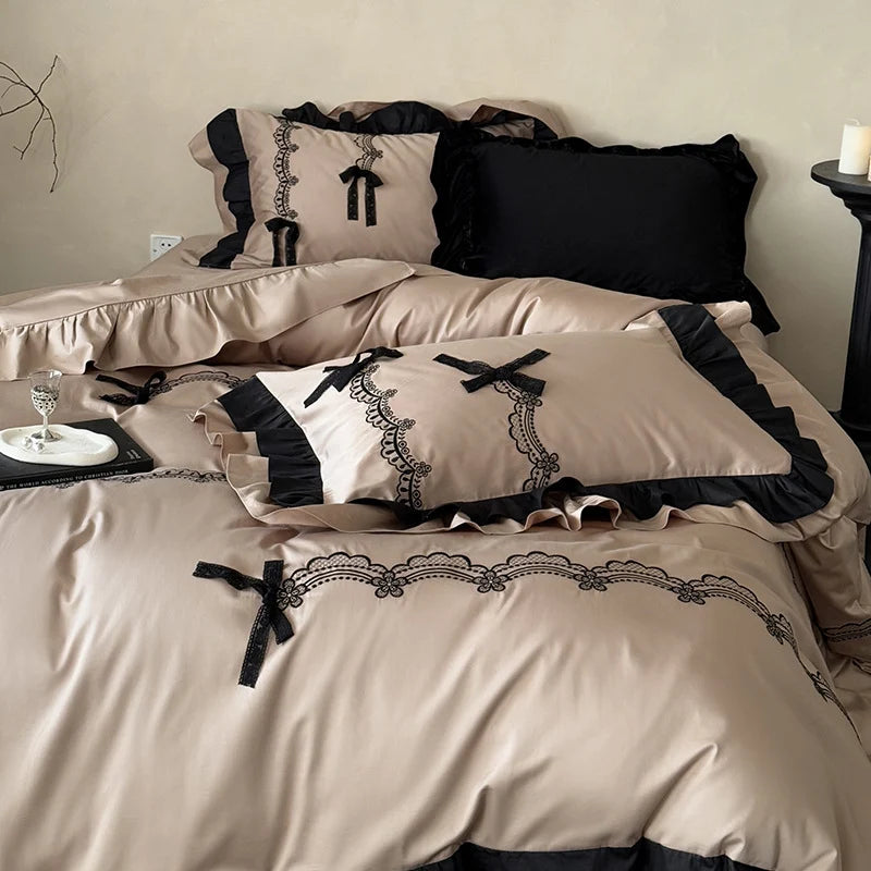 Satin Bedding Set Ruffled Edges & Lace Embroidery