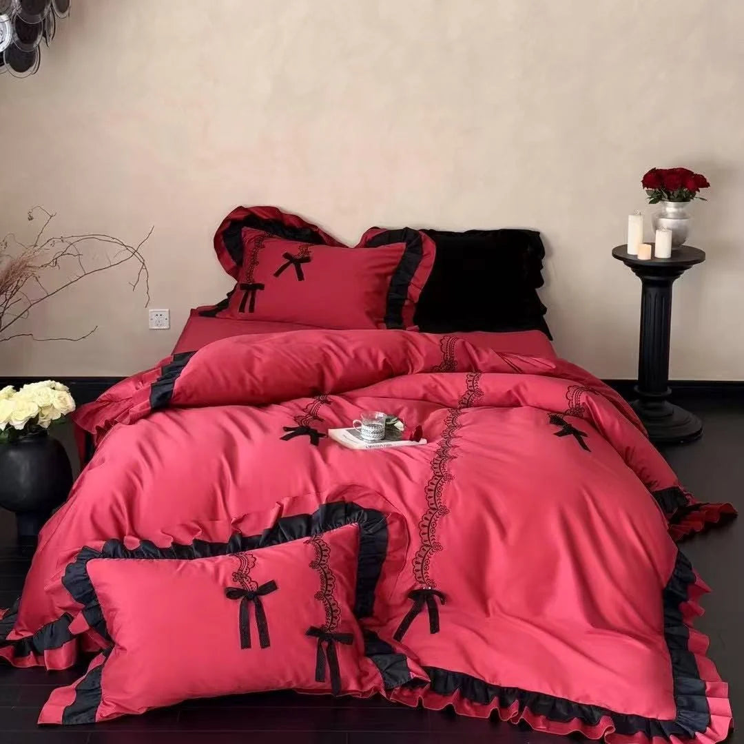 Satin Bedding Set Ruffled Edges & Lace Embroidery