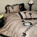 Satin Bedding Set Ruffled Edges & Lace Embroidery
