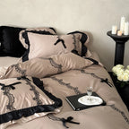 Satin Bedding Set Ruffled Edges & Lace Embroidery