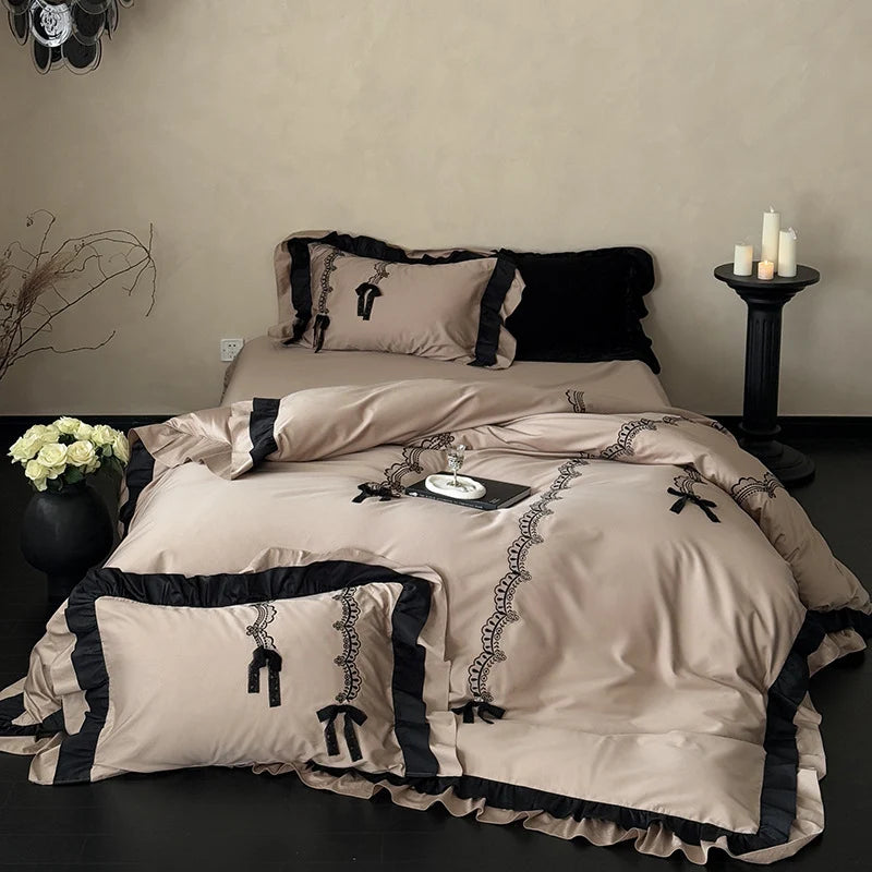 Satin Bedding Set Ruffled Edges & Lace Embroidery