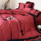 Satin Bedding Set Ruffled Edges & Lace Embroidery