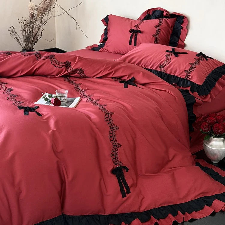 Satin Bedding Set Ruffled Edges & Lace Embroidery