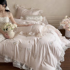 Satin Bedding Set Ruffled Trim & Floral Embroidery