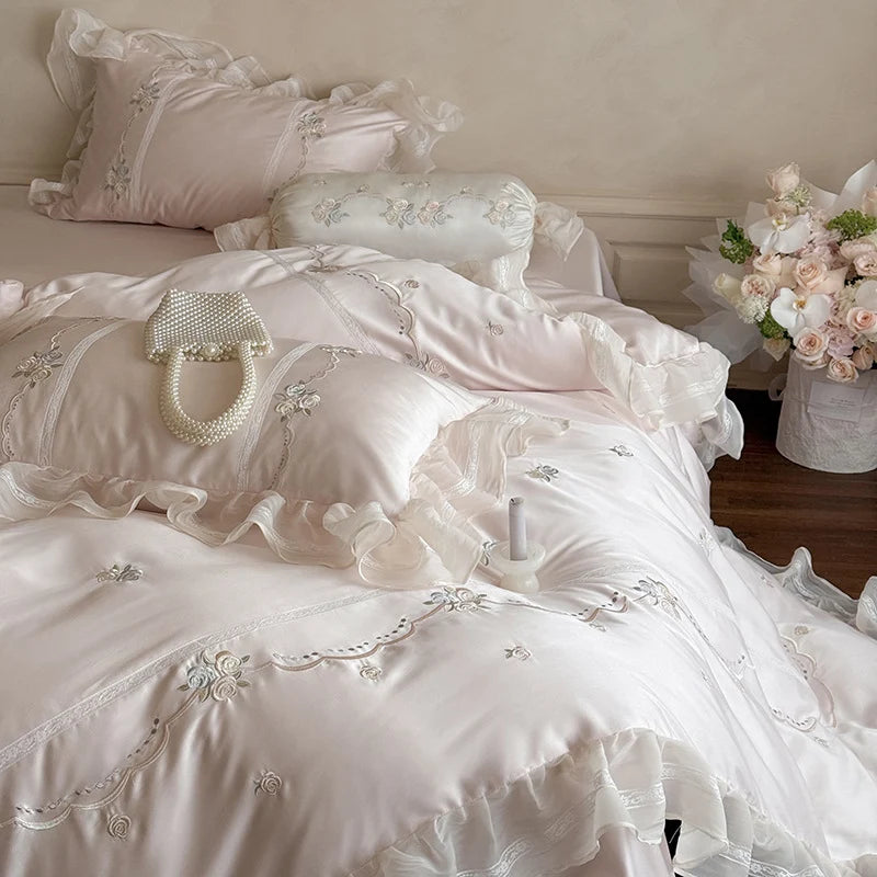 Satin Bedding Set Ruffled Trim & Floral Embroidery