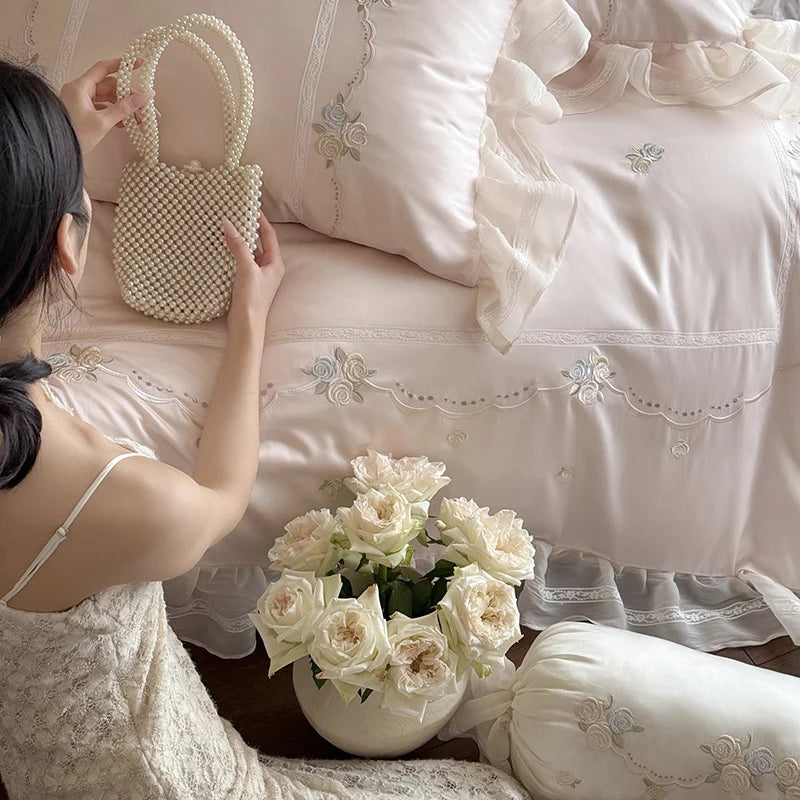 Satin Bedding Set Ruffled Trim & Floral Embroidery