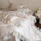 Satin Bedding Set Ruffled Trim & Floral Embroidery